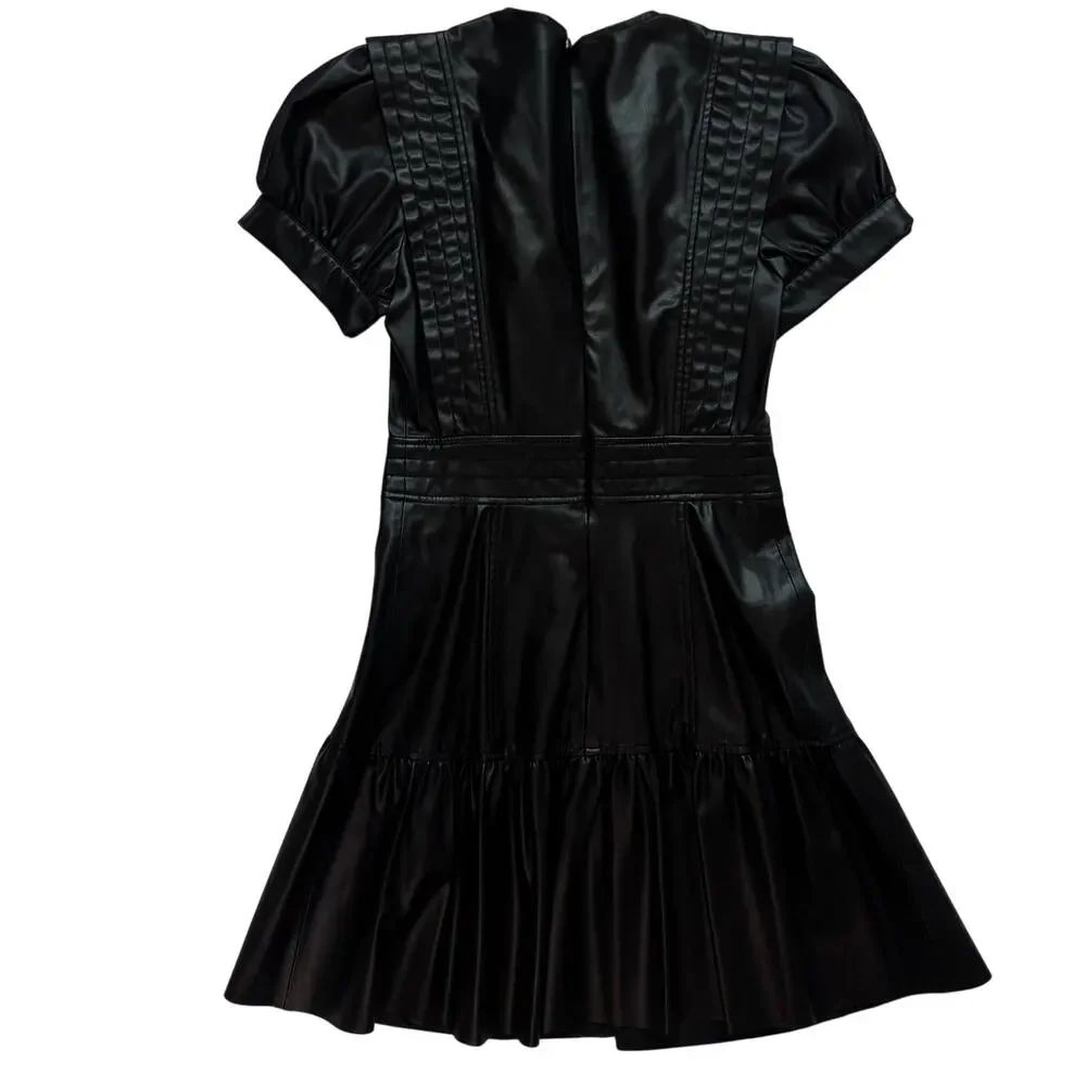 Zara Faux Leather Mini Dress Black Women's XS Ruffle Puff Flounce Hem Coquette - Picture 11 of 16